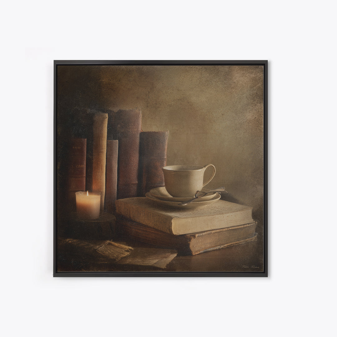 Teacup Beside a Worn Leather Bound Book Framed Canvas Print, Bookstore Art, Neutral Decor, Bookstore Decor, Fine Art, Literary, BOO-1x1-80