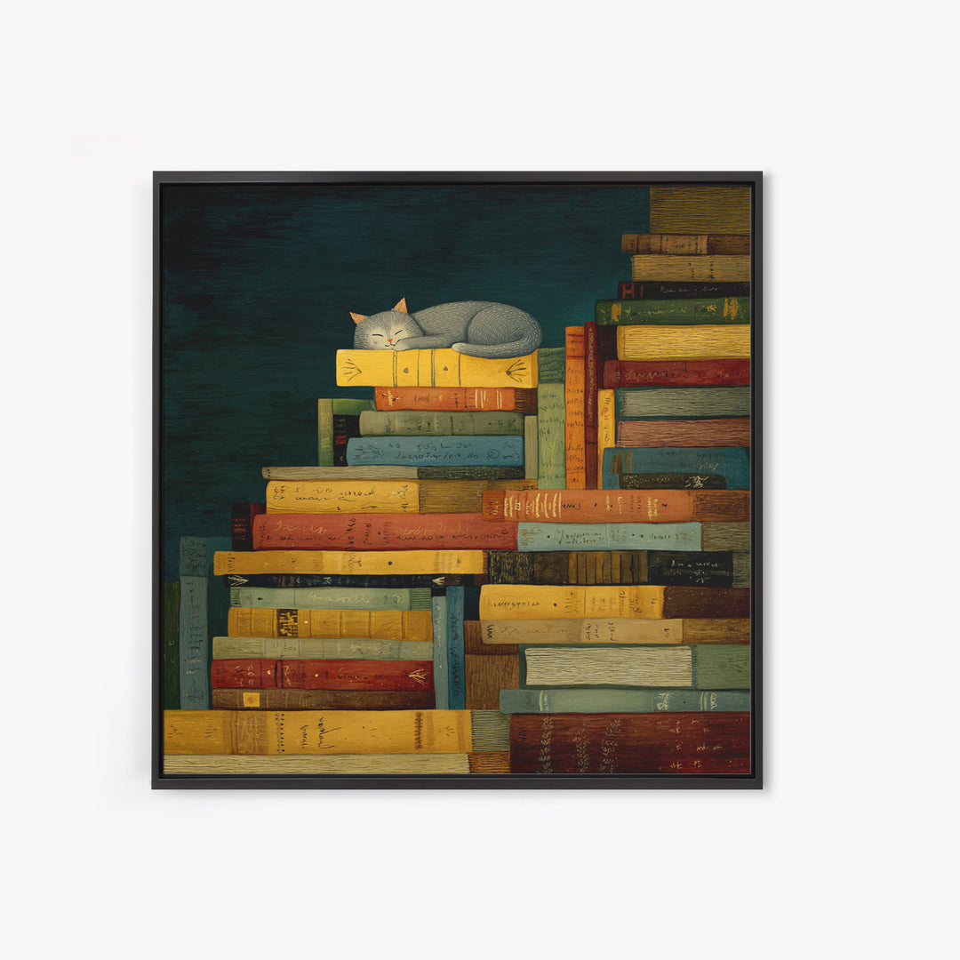 Cat Sleeping on a Pile of Novels Canvas Print, Bookstore Art, Statement Artwork, Bookstore Decor, Fine Art, Literary, BOO-1x1-98