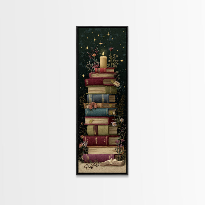 Moonlit Book with Tiny Stars Rising Framed Canvas Print, Bookstore Art, Modern Decor, Bookstore Decor, Fine Art, Literary, BOO-1x3-4