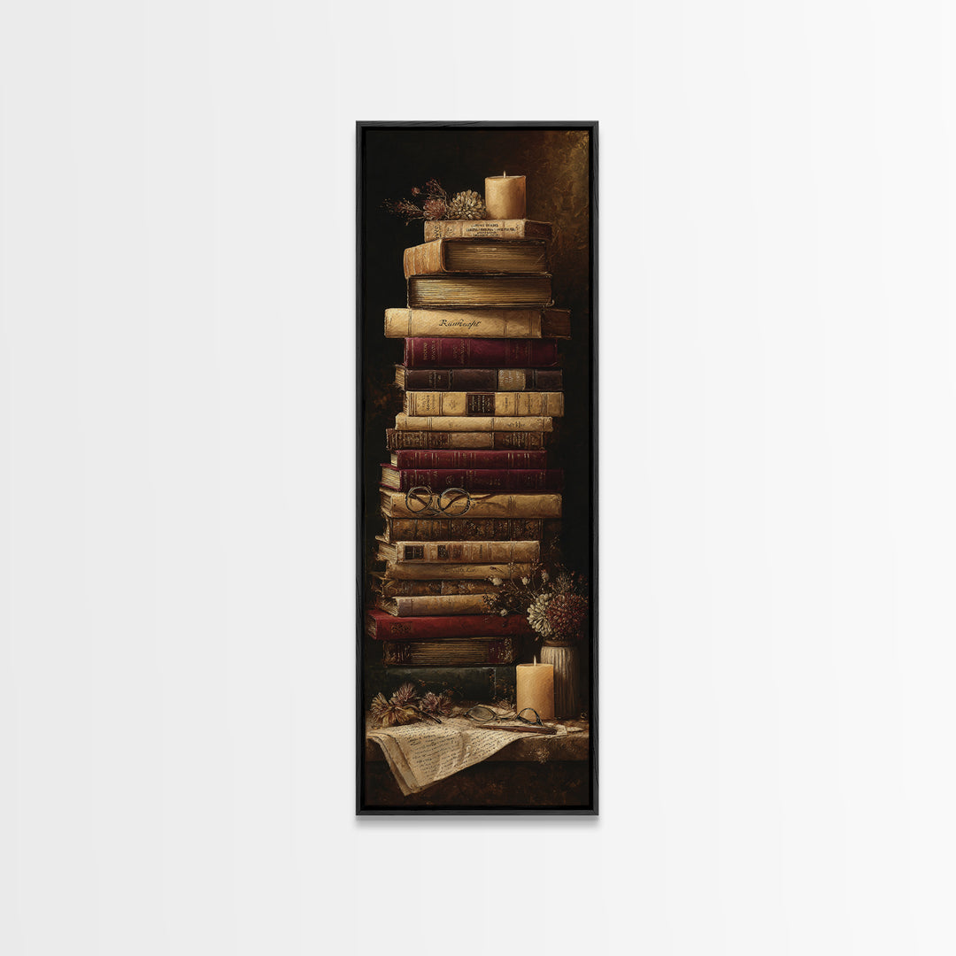 Warm Sepia Book Pile Canvas Print, Bookstore Art, Printable Wall Art, Bookstore Decor, Abstract Art, Literary, Whimsical Art, BOO-1x3-60