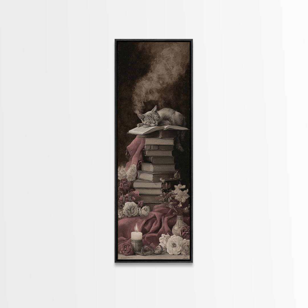 Cat Sleeping on a Pile of Novels Framed Canvas Print, Bookstore Art, Wall Decor, Bookstore Decor, Fine Art, Literary, BOO-1x3-62
