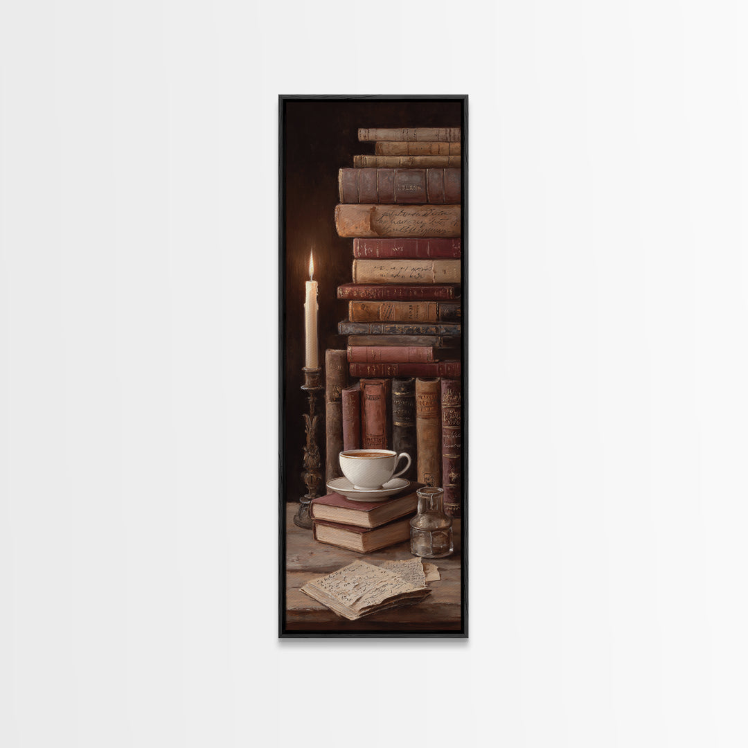 Teacup Beside a Worn Leather Bound Book Canvas Print, Bookstore Art, Library Decor, Bookstore Decor, Fine Art, Literary, BOO-1x3-68