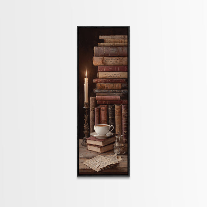 Teacup Beside a Worn Leather Bound Book Canvas Print, Bookstore Art, Library Decor, Bookstore Decor, Fine Art, Literary, BOO-1x3-68