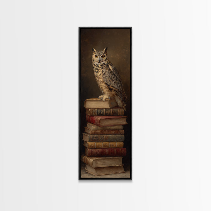 Owl Perched on a Stack of Classics Framed Canvas Print, Bookstore Art, Boho Decor, Bookstore Decor, Oil Painting, Literary, BOO-1x3-69