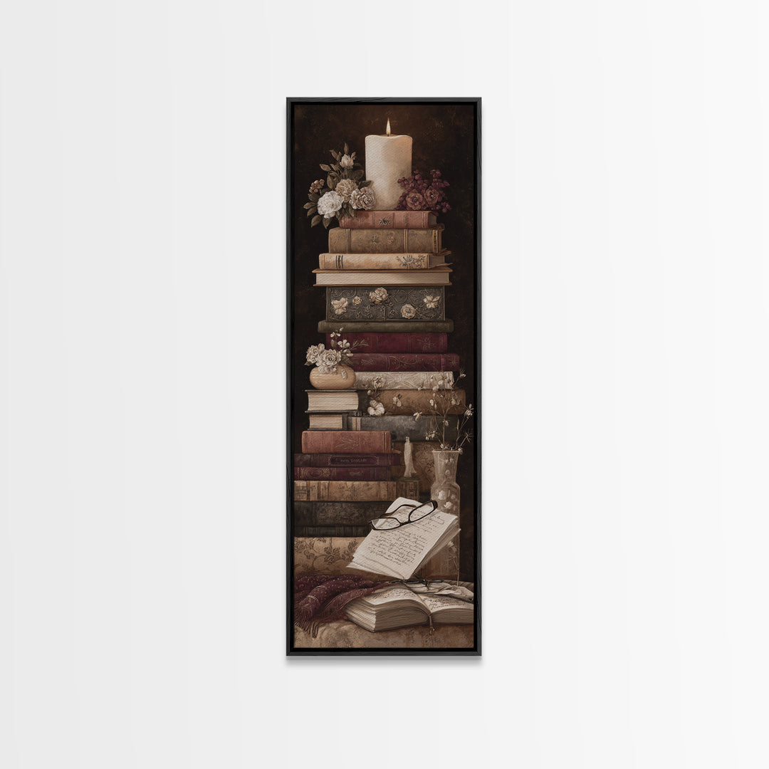 Botanical Bookmark and Open Pages Arrangement Framed Canvas Print, Bookstore Art, Downloadable Art, Bookstore Decor, Literary, BOO-1x3-96