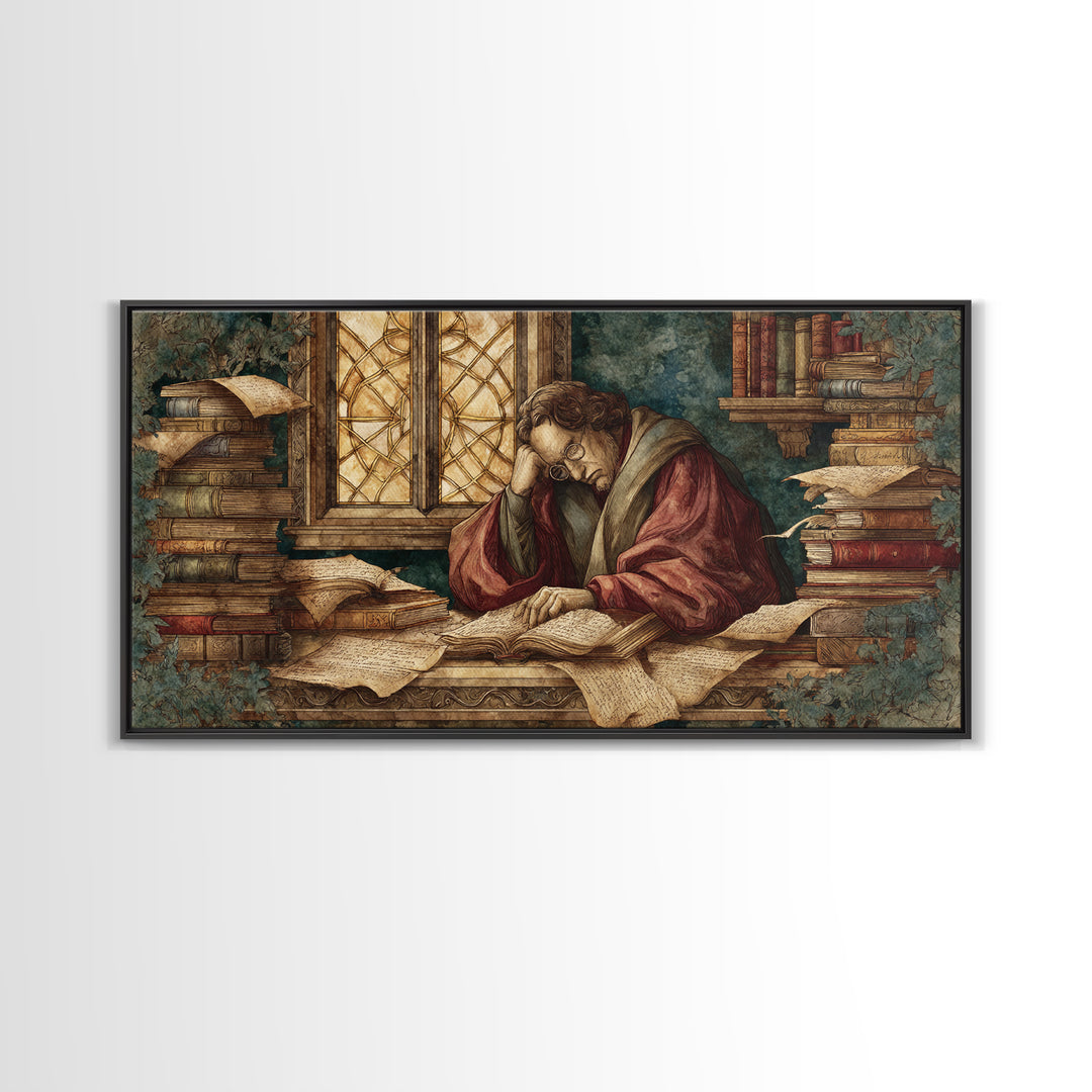 Renaissance Scholar Portrait Framed Canvas Print, Bookstore Art, Feminine Wall Art, Bookstore Decor, Fine Art, Literary, BOO-2x1-19