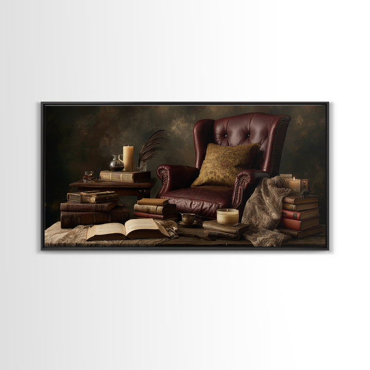 Cozy Reading Chair Still Life Without Room Framed Canvas Print, Bookstore Art, Painting, Bookstore Decor, Fine Art, Literary, BOO-2x1-25