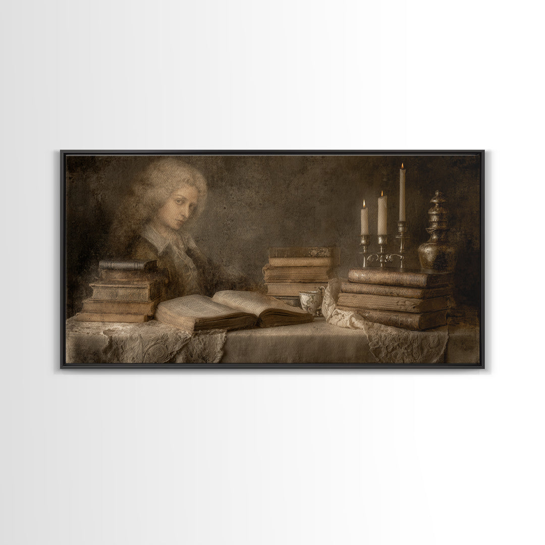 Renaissance Scholar Portrait Framed Canvas Print, Bookstore Art, Reading Poster, Bookstore Decor, Fine Art, Literary, BOO-2x1-67