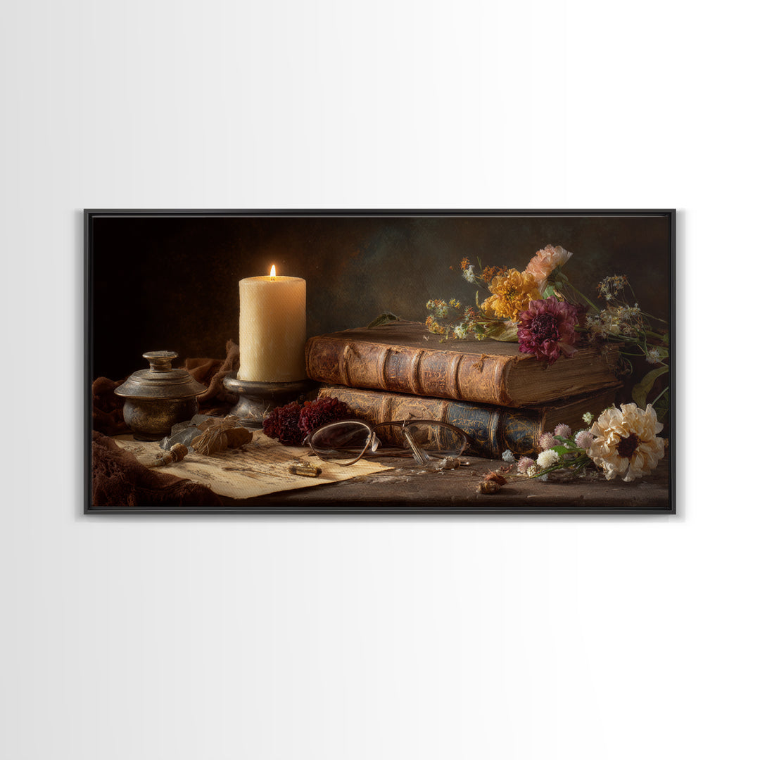 Dark Academia Candle and Book Still Life Canvas Print, Bookstore Art, Contemporary Art, Bookstore Decor, Fine Art, Literary, BOO-2x1-78