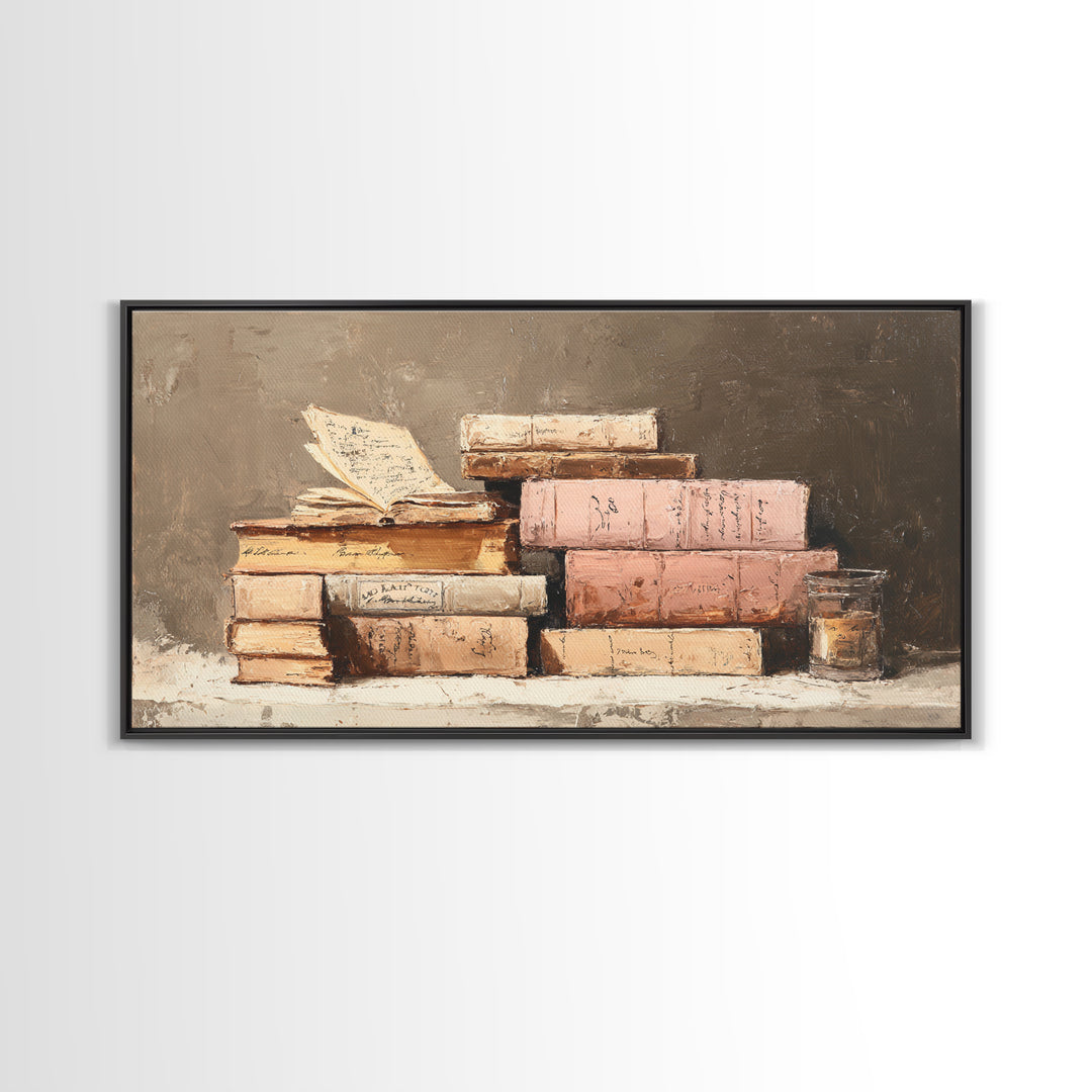 Warm Sepia Book Pile Framed Canvas Print, Bookstore Art, Book Art, Bookstore Decor, Oil Painting, Literary, Feminine Wall Art, BOO-2x1-92