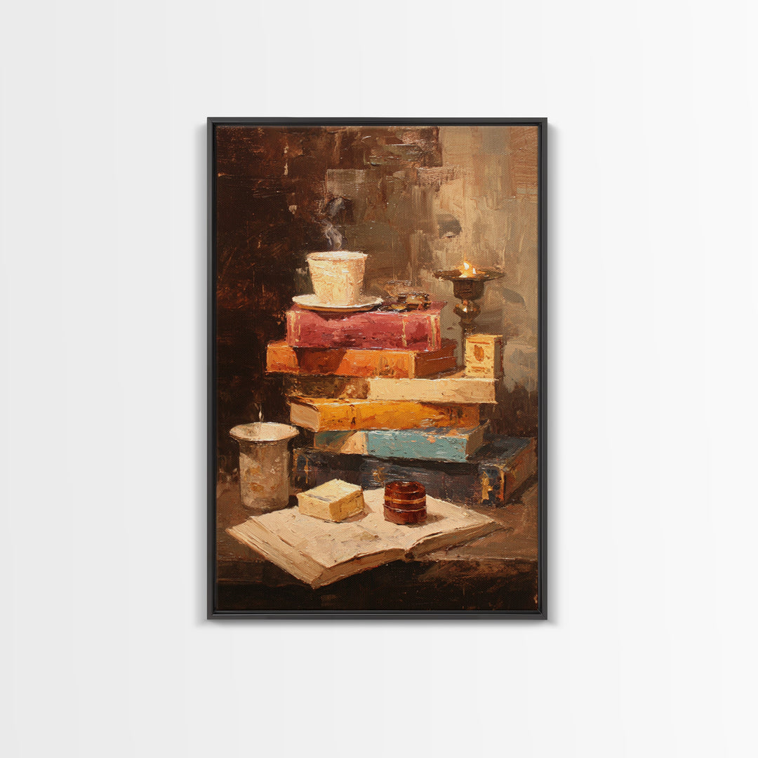 Rainy Day Reading Still Life Framed Canvas Print, Bookstore Art, Pink Wall Art, Bookstore Decor, Oil Painting, Literary, BOO-2x3-53
