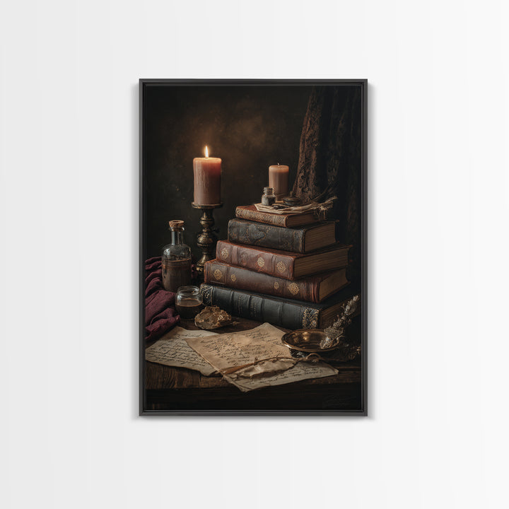 Dark Academia Candle and Book Still Life Framed Canvas Print, Bookstore Art, Pink Wall Art, Bookstore Decor, Fine Art, Literary, BOO-2x3-90