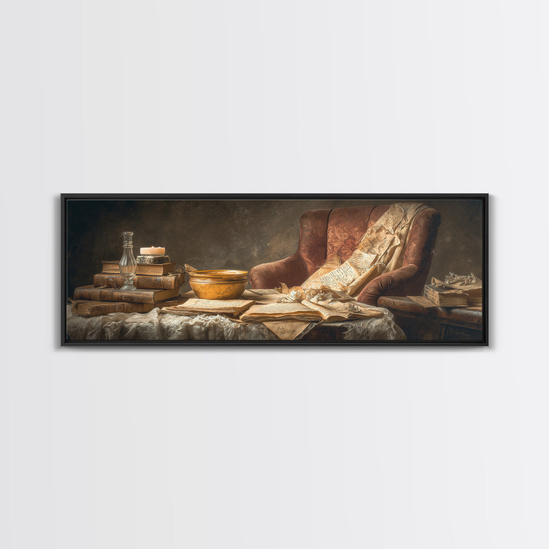 Cozy Reading Chair Still Life Without Room Framed Canvas Print, Bookstore Art, Urban Wall Art, Bookstore Decor, Literary, BOO-3x1-69