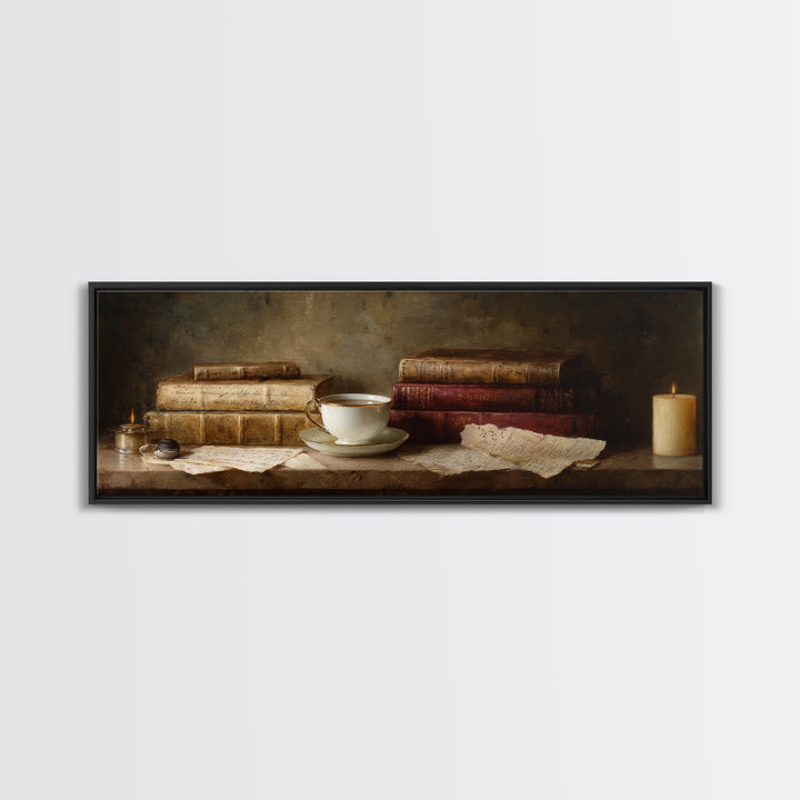 Teacup Beside a Worn Leather Bound Book Framed Canvas Print, Bookstore Art, Home Decor, Bookstore Decor, Fine Art, Literary, BOO-3x1-72