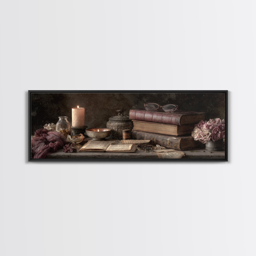 Dark Academia Candle and Book Still Life Framed Canvas Print, Bookstore Art, Office Art, Bookstore Decor, Oil Painting, BOO-3x1-74