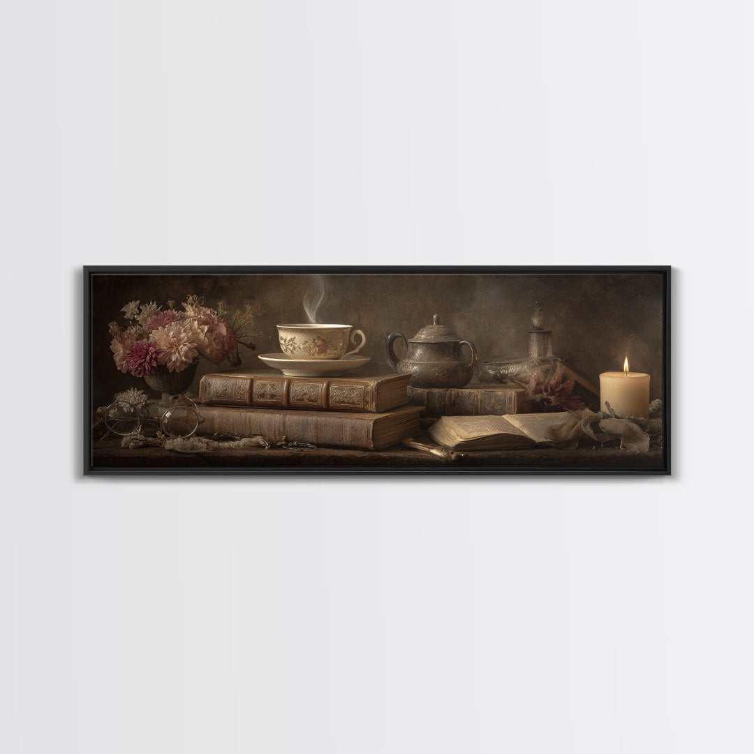 Teacup Beside a Worn Leather Bound Book Canvas Print, Bookstore Art, Wall Decor, Bookstore Decor, Fine Art, Literary, BOO-3x1-96