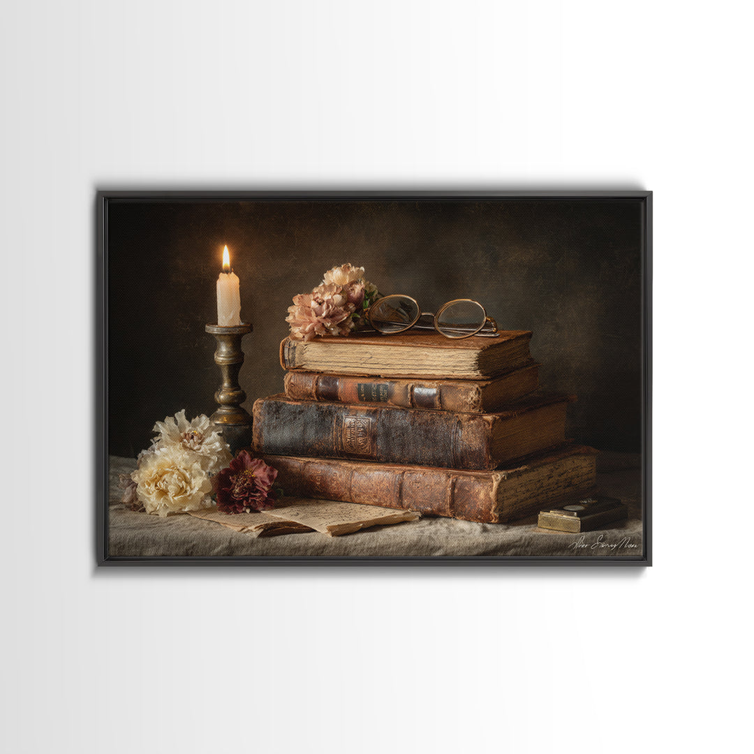 Dark Academia Candle and Book Still Life Canvas Print, Bookstore Art, Vertical Wall Art, Bookstore Decor, Fine Art, Literary, BOO-3x2-62