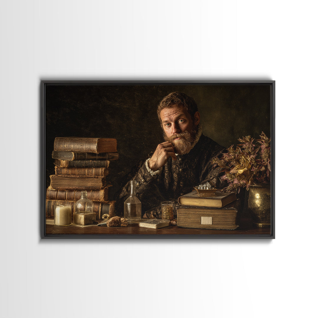 Renaissance Scholar Portrait Canvas Print, Bookstore Art, Boho Decor, Bookstore Decor, Oil Painting, Literary, Printable Art, BOO-3x2-75