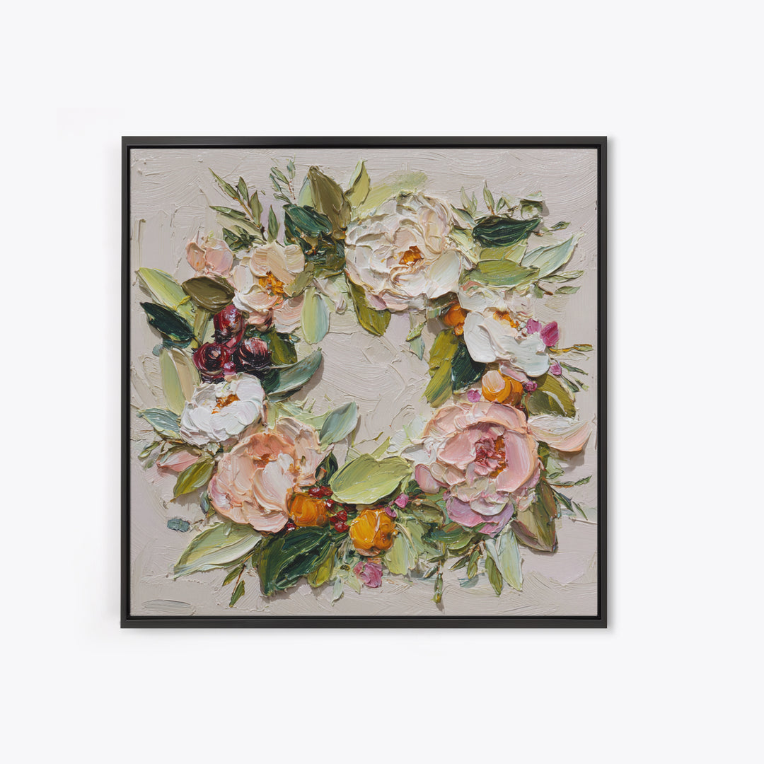 Botanical Wreath with Leaves Berries and Flowers Canvas Print, Botanical Art, Boho Wall Art, Living Room Decor, Botanic, BOT-1x1-24