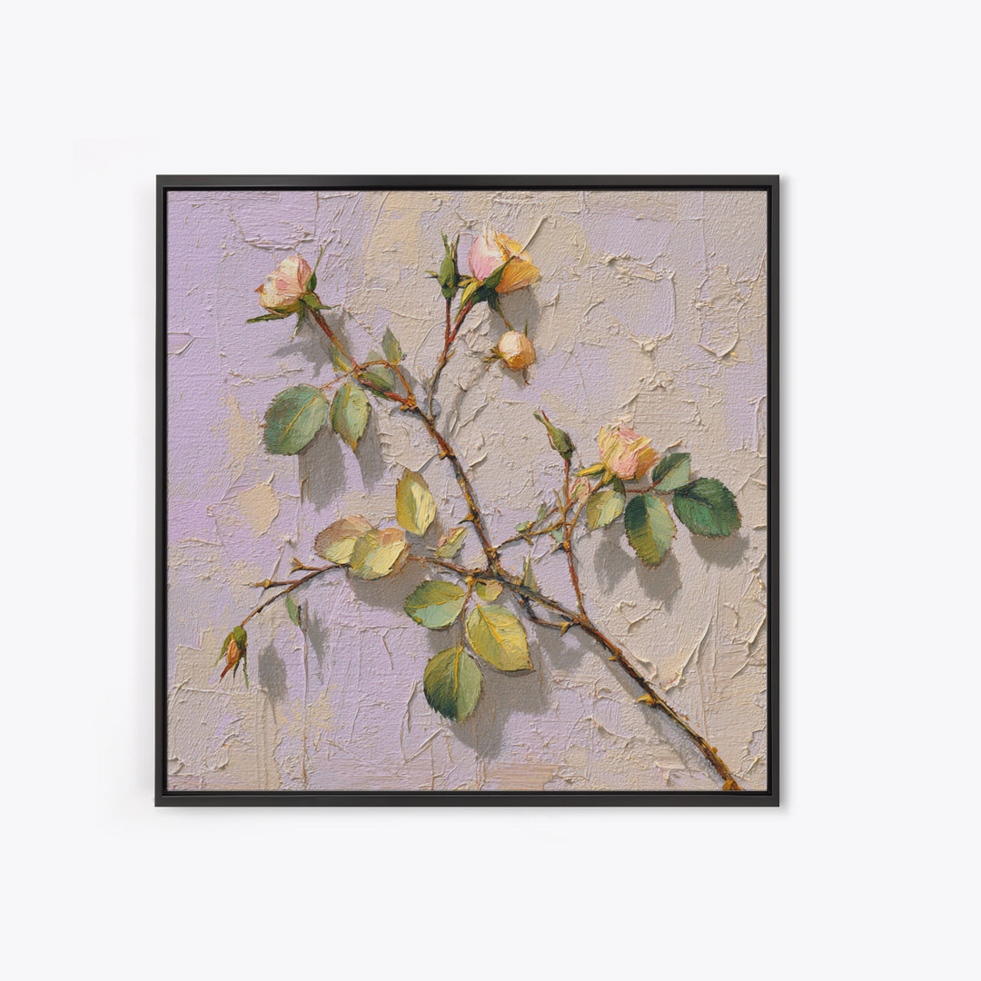 Wild Rose Branch Framed Canvas Print, Botanical Art, Sage Green Wall Art, Living Room Decor, Oil Painting, Botanic, BOT-1x1-70