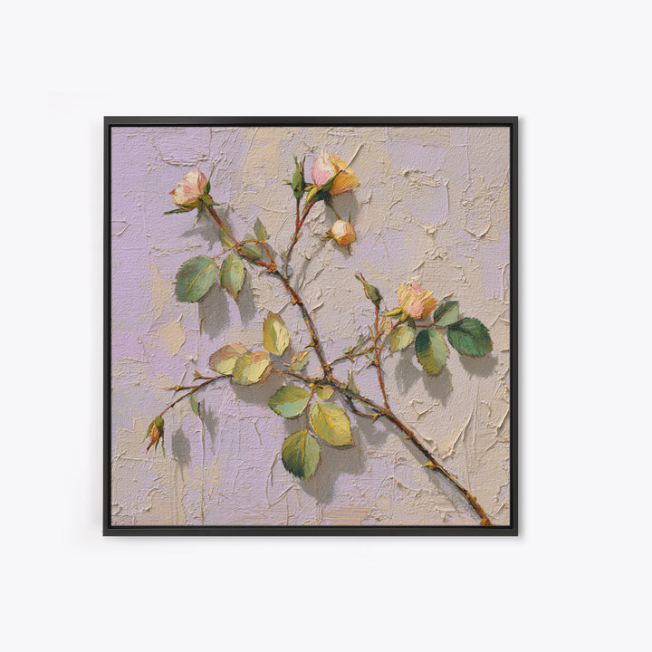 Wild Rose Branch Framed Canvas Print, Botanical Art, Sage Green Wall Art, Living Room Decor, Oil Painting, Botanic, BOT-1x1-70