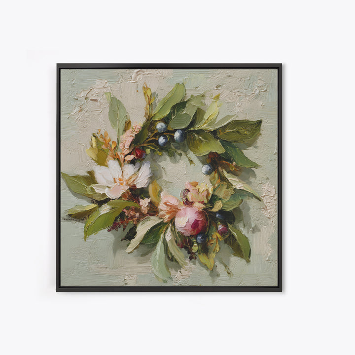 Botanical Wreath with Leaves Berries and Flowers Framed Canvas Print, Botanical Art, Art Print, Living Room Decor, Botanic, BOT-1x1-96