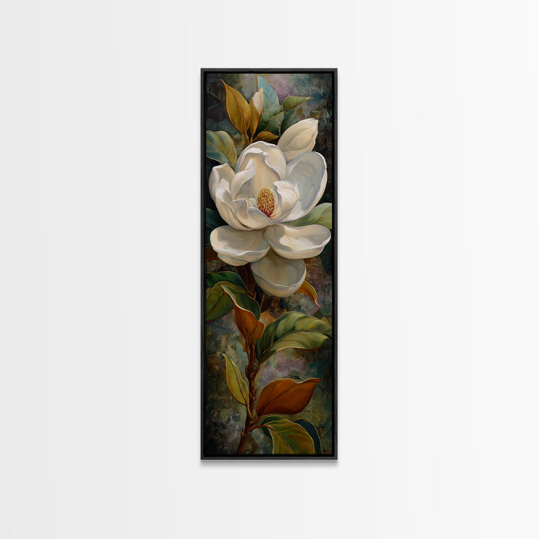 Dramatic White Magnolia on Dark Background Canvas Print, Botanical Art, Neutral Decor, Living Room Decor, Oil Painting, Botanic, BOT-1x3-18