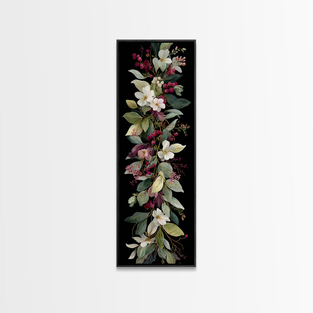 Botanical Wreath with Leaves Berries and Flowers Canvas Print, Botanical Art, Oil Painting, Living Room Decor, Botanic, BOT-1x3-60