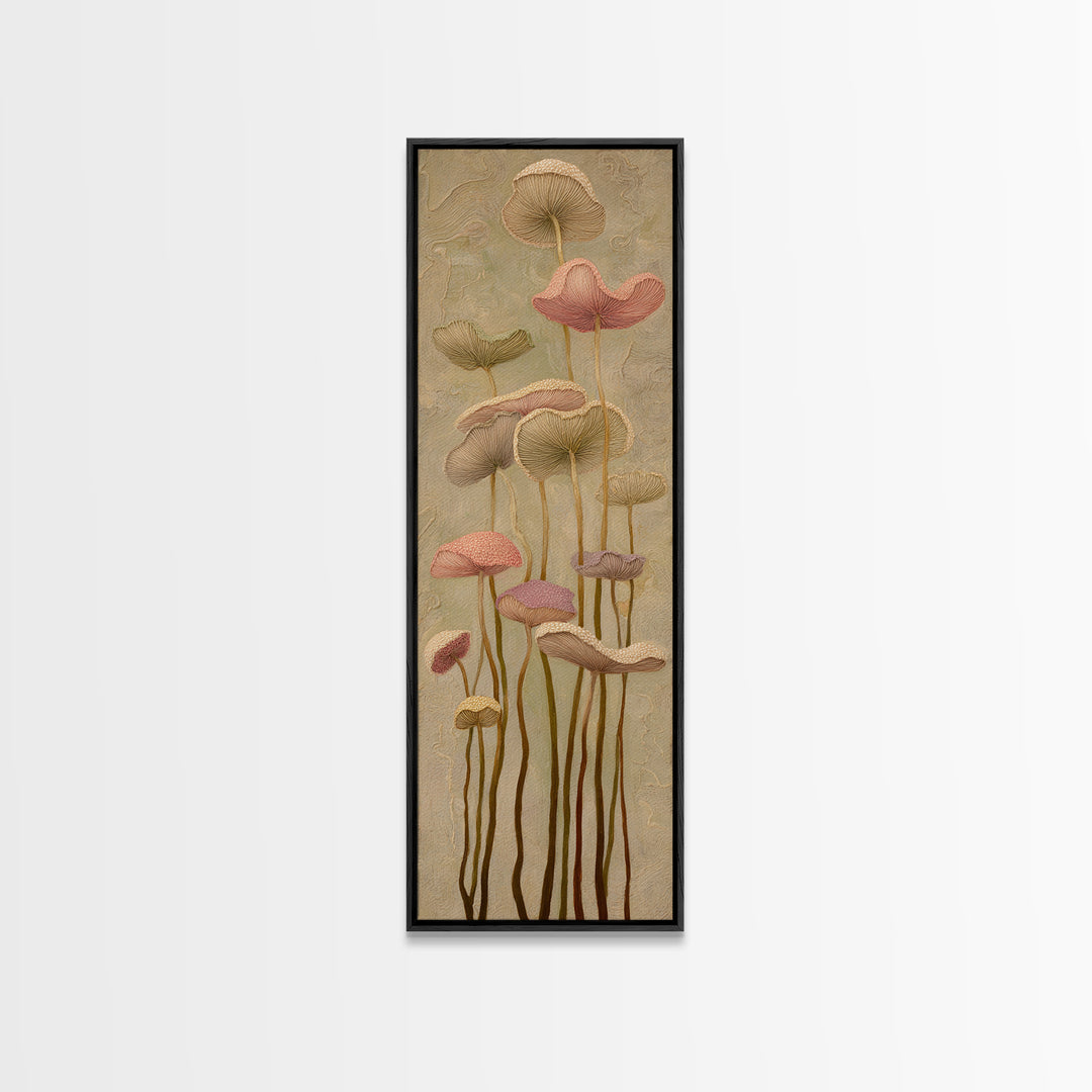 Mushrooms and Moss Botanical Field Study Framed Canvas Print, Botanical Art, Wall Art, Living Room Decor, Watercolor Art, BOT-1x3-69