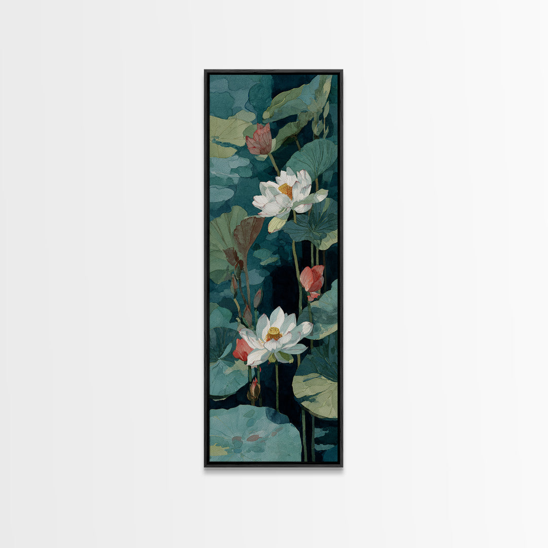Lotus Flower and Lily Pads on Still Framed Canvas Print, Botanical Art, Sage Green Wall Art, Living Room Decor, Oil Painting, BOT-1x3-79