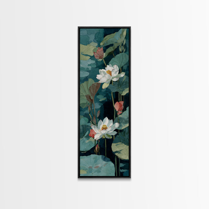 Lotus Flower and Lily Pads on Still Framed Canvas Print, Botanical Art, Sage Green Wall Art, Living Room Decor, Oil Painting, BOT-1x3-79