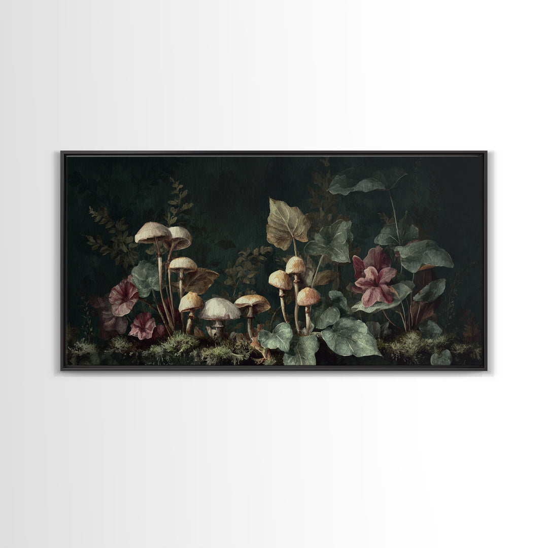 Mushrooms and Moss Botanical Field Study Framed Canvas Print, Botanical Art, Living Room Decor, Watercolor Art, Botanic, BOT-2x1-29