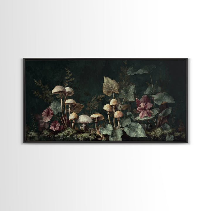 Mushrooms and Moss Botanical Field Study Framed Canvas Print, Botanical Art, Living Room Decor, Watercolor Art, Botanic, BOT-2x1-29