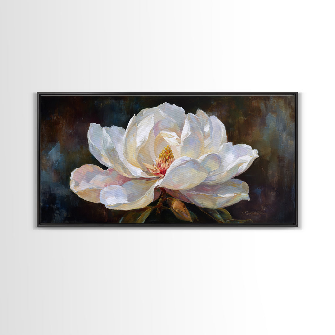 Dramatic White Magnolia on Dark Background Framed Canvas Print, Botanical Art, Art, Living Room Decor, Oil Painting, Botanic, BOT-2x1-50
