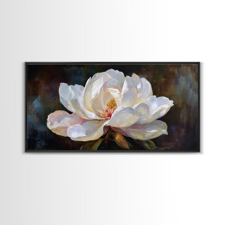 Dramatic White Magnolia on Dark Background Framed Canvas Print, Botanical Art, Art, Living Room Decor, Oil Painting, Botanic, BOT-2x1-50