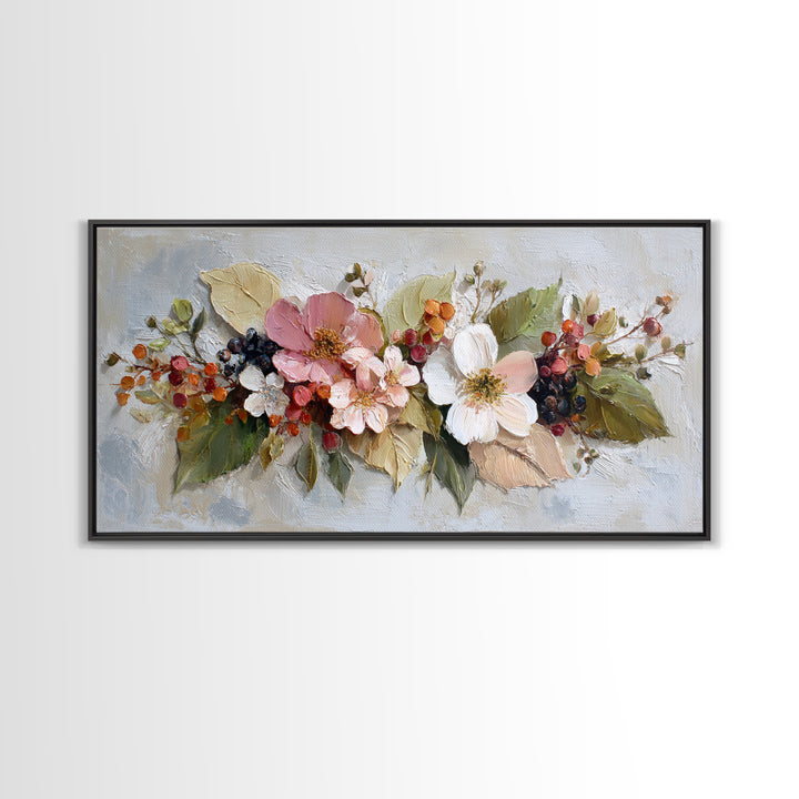 Botanical Wreath with Leaves Berries and Flowers Canvas Print, Botanical Art, Wall Art Prints, Living Room Decor, Botanic, BOT-2x1-68