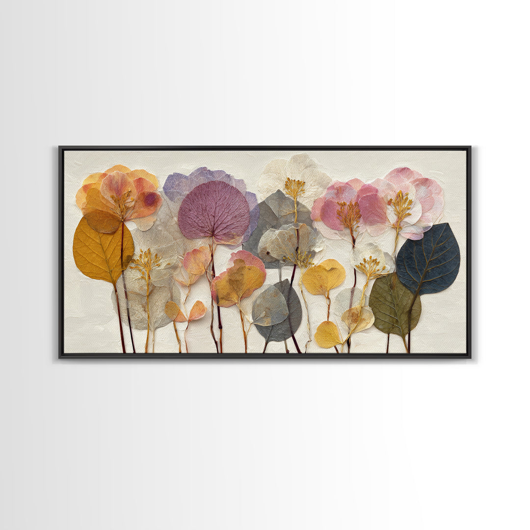 Pressed Flower Collage Framed Canvas Print, Botanical Art, Living Room Decor, Botanic, Fine Art Print, Statement Artwork, BOT-2x1-96