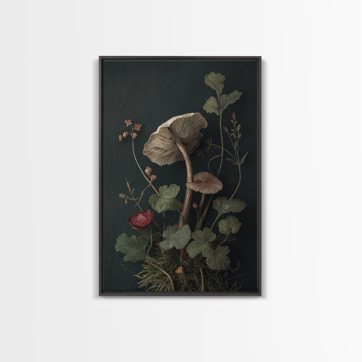 Mushrooms and Moss Botanical Field Study Framed Canvas Print, Botanical Art, Oil Painting, Living Room Decor, Fine Art, Botanic, BOT-2x3-17