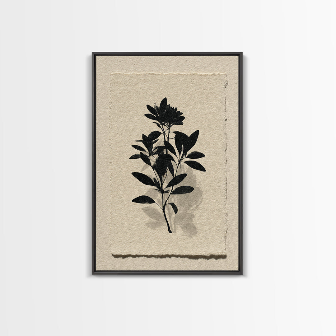 Black Ink Botanical Silhouette on Cream Paper Canvas Print, Botanical Art, Living Room Decor, Watercolor Art, Botanic, BOT-2x3-29