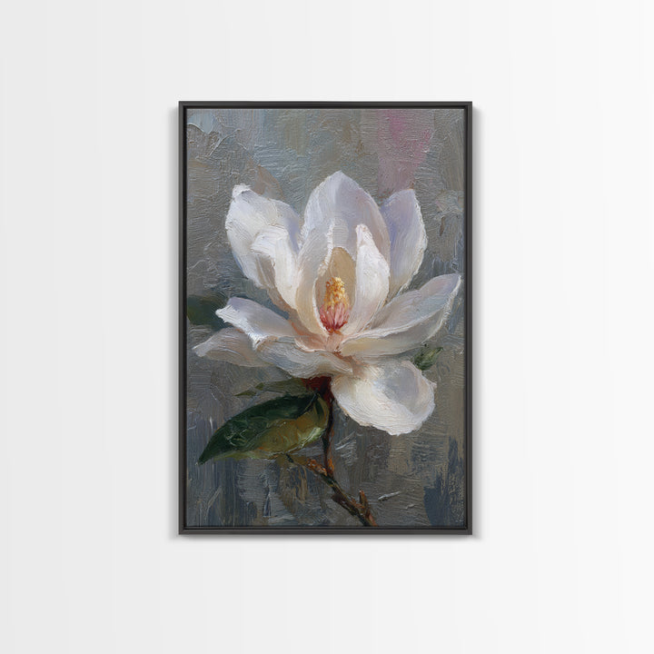 Dramatic White Magnolia on Dark Background Framed Canvas Print, Botanical Art, Art Print, Living Room Decor, Fine Art, Botanic, BOT-2x3-38
