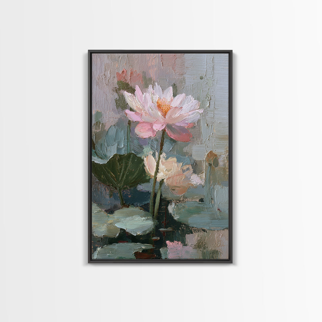 Lotus Flower and Lily Pads on Still Framed Canvas Print, Botanical Art, Living Room Decor, Watercolor Art, Botanic, BOT-2x3-75