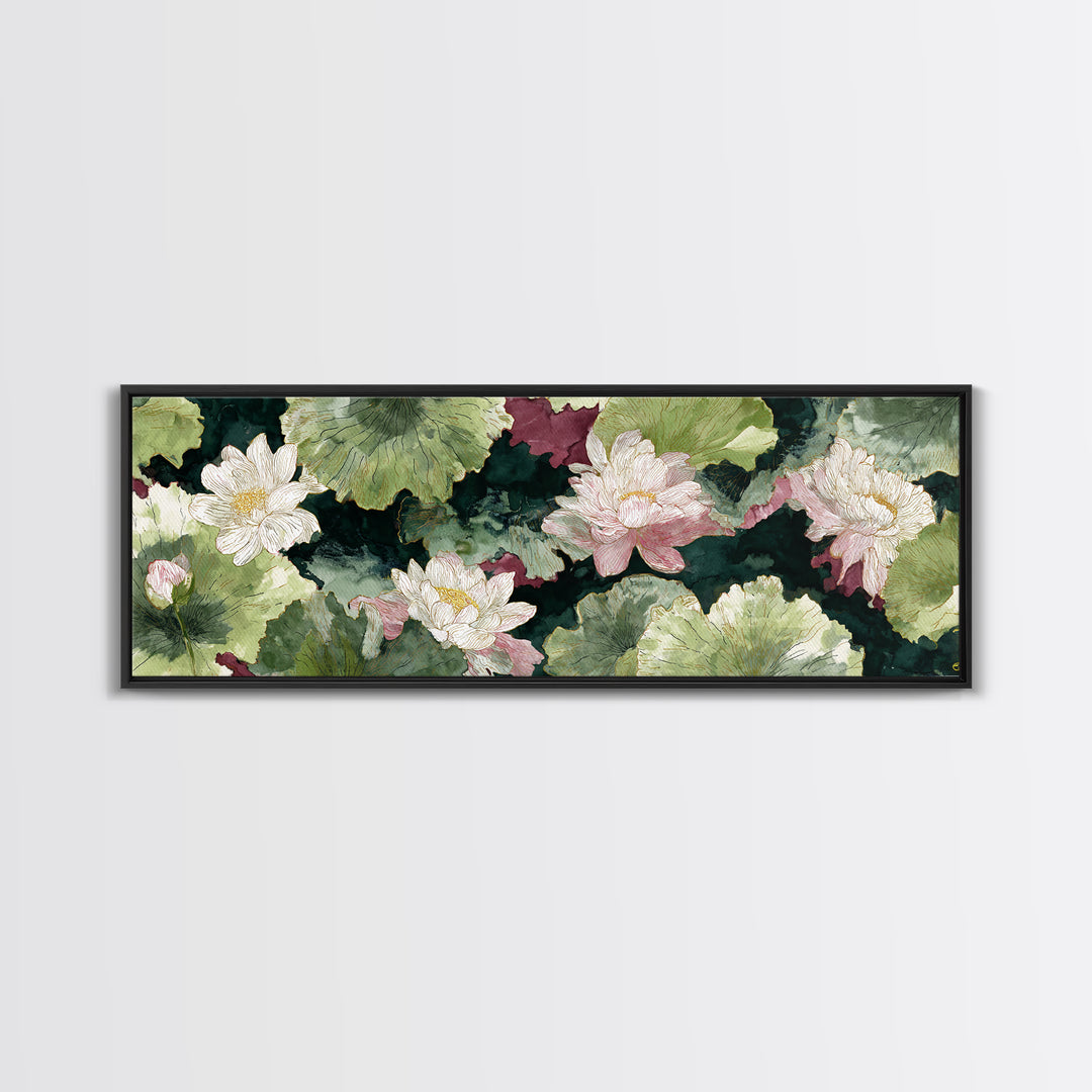 Lotus Flower and Lily Pads on Still Canvas Print, Botanical Art, Minimalist Decor, Living Room Decor, Oil Painting, Botanic, BOT-3x1-35