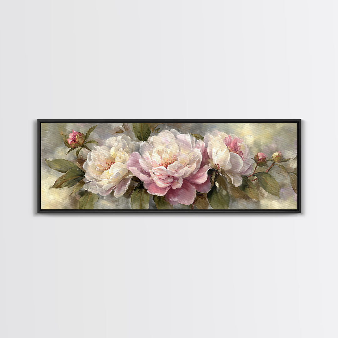 Peony Bloom with Layered Romantic Petals Framed Canvas Print, Botanical Art, Living Room Decor, Botanic, Fine Art Print, BOT-3x1-74