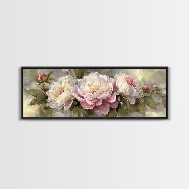 Peony Bloom with Layered Romantic Petals Framed Canvas Print, Botanical Art, Living Room Decor, Botanic, Fine Art Print, BOT-3x1-74
