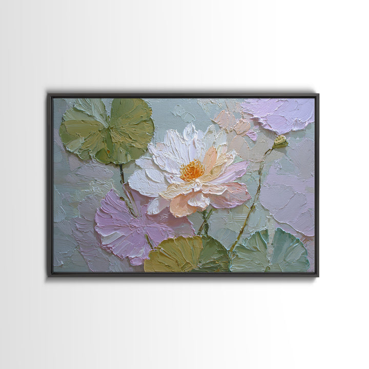 Lotus Flower and Lily Pads on Still Framed Canvas Print, Botanical Art, Living Room Wall Art, Living Room Decor, Botanic, BOT-3x2-71
