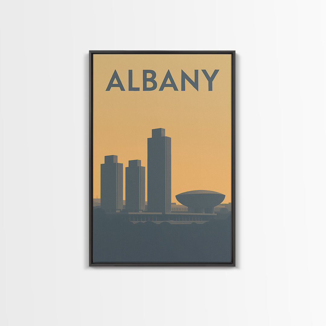 Albany New York Travel Poster, Framed Canvas Print, Sunset Skyline Wall Art, Albany Poster Print, Retro Travel Print, Living Room Wall Art