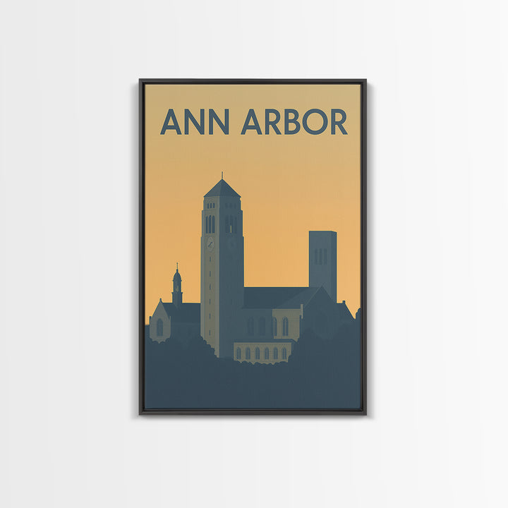 Ann Arbor Travel Poster, Framed Canvas Print, Sunset Skyline Wall Art, Ann Arbor Wall Art, Travel Wall Art, City Illustration, Wall Art