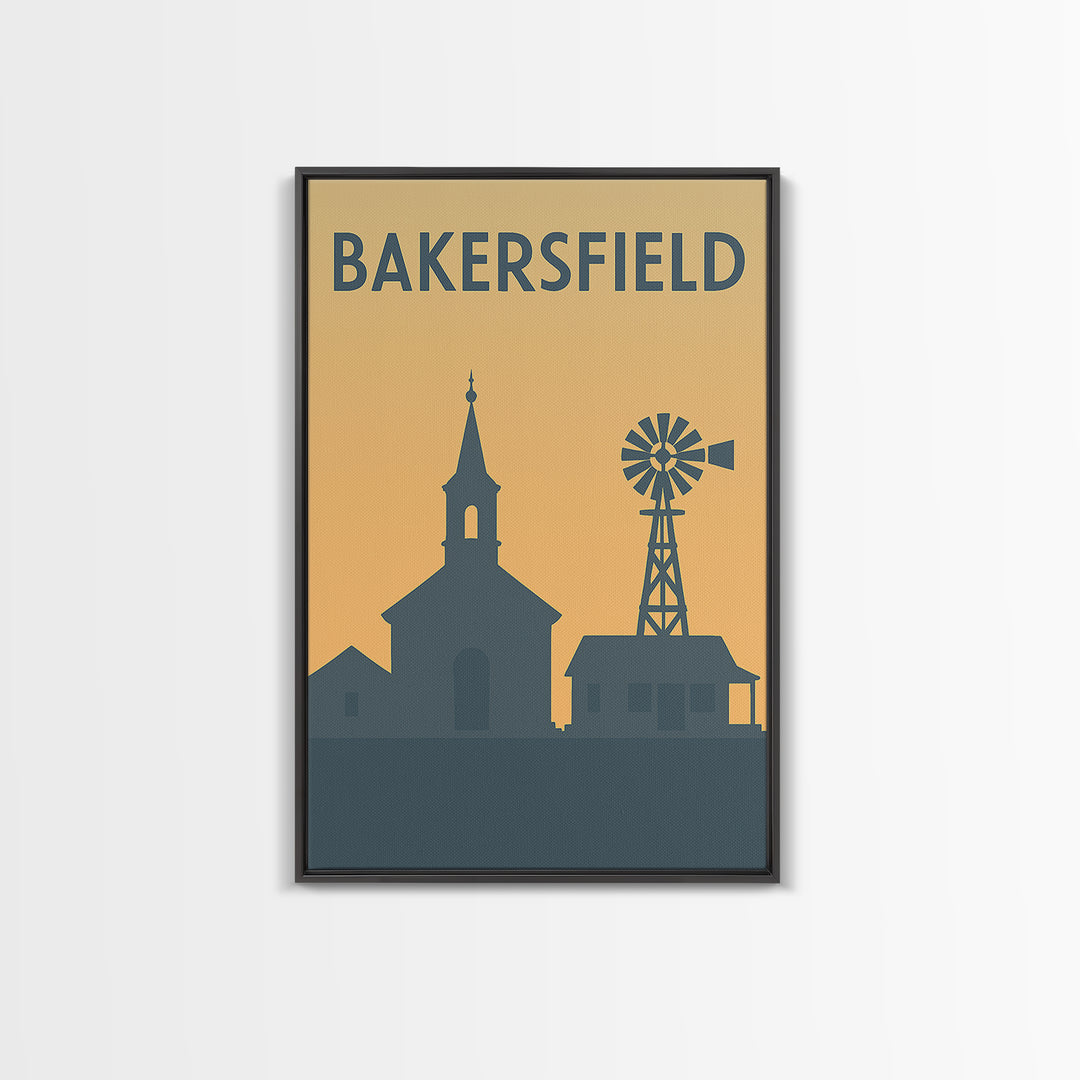 Bakersfield Travel Poster, Framed Canvas Print, Sunset Skyline Wall Art, Bakersfield Wall Art, Wanderlust Decor, Travel Wall Decor