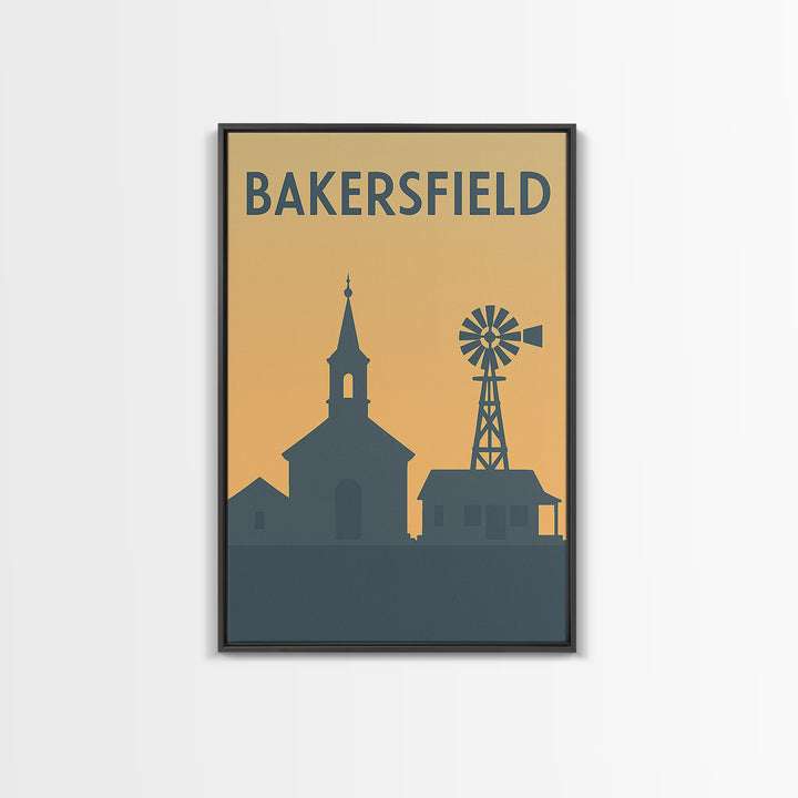 Bakersfield Travel Poster, Framed Canvas Print, Sunset Skyline Wall Art, Bakersfield Wall Art, Wanderlust Decor, Travel Wall Decor