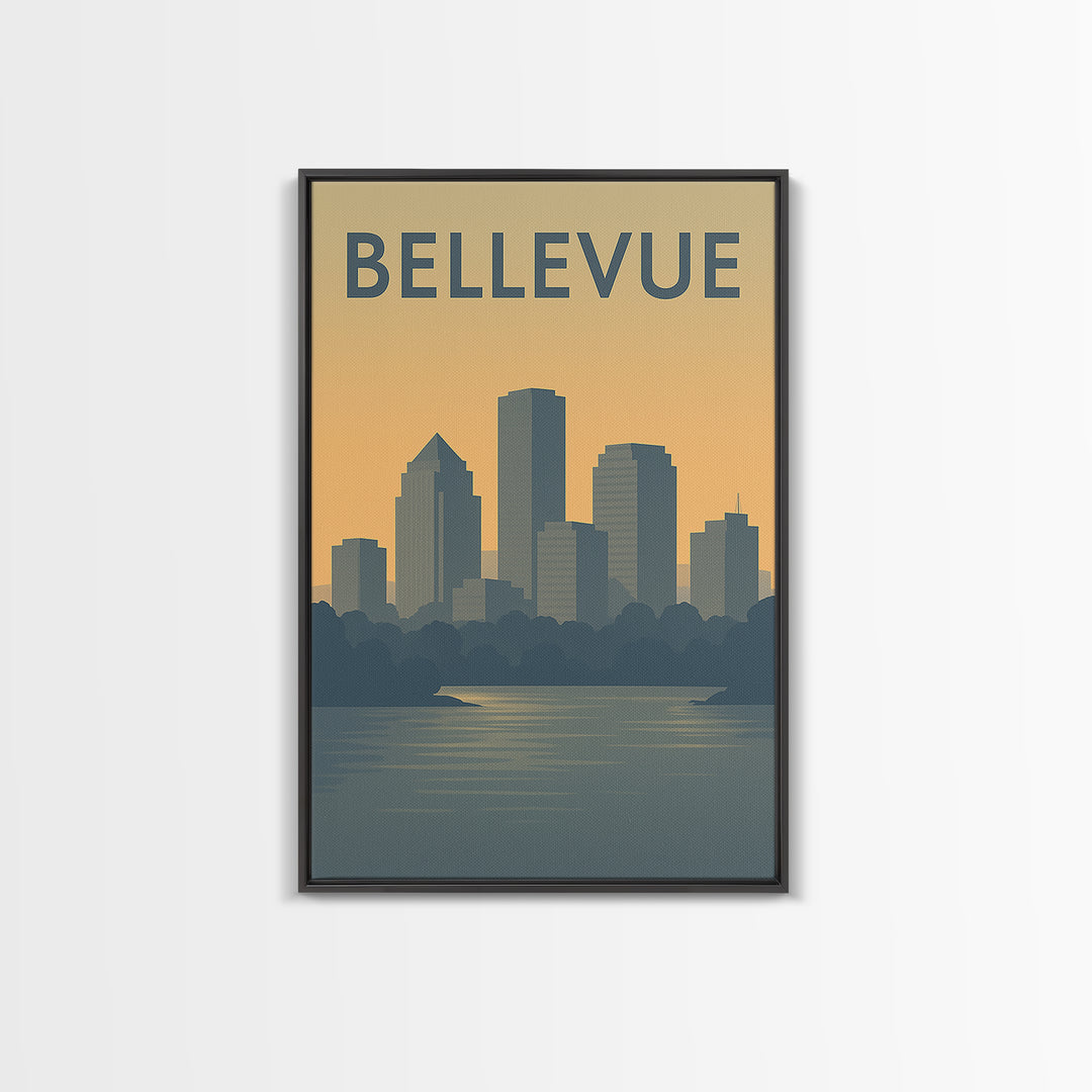 Bellevue Travel Poster, Canvas Print, Mid Century Travel Art, Bellevue Art Print, Travel Art Print, City Illustration, Living Room Wall Art